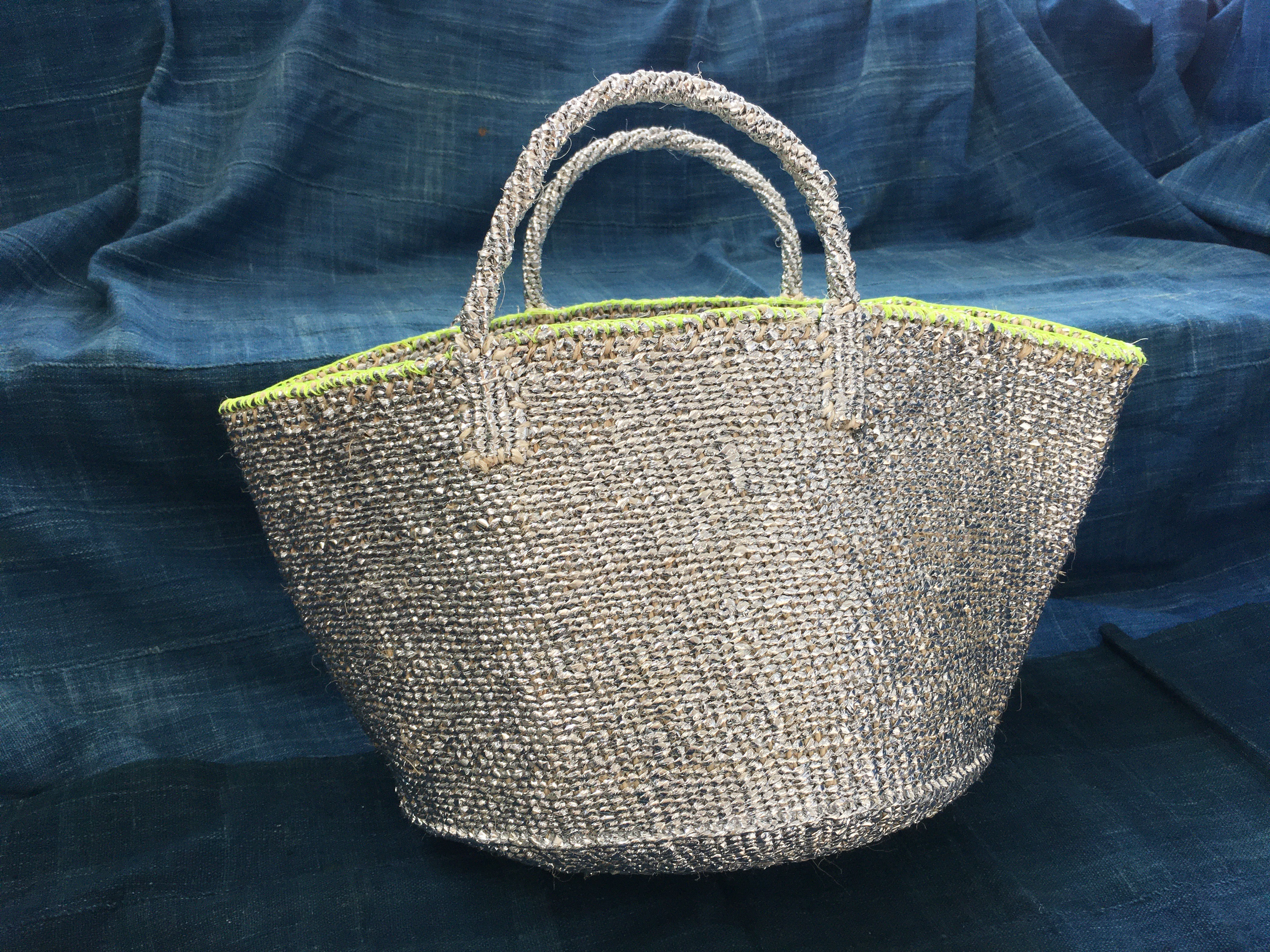 メタルチック サイザル バッグ /Metaltic agave sisalana bag/silver×yellow stitch