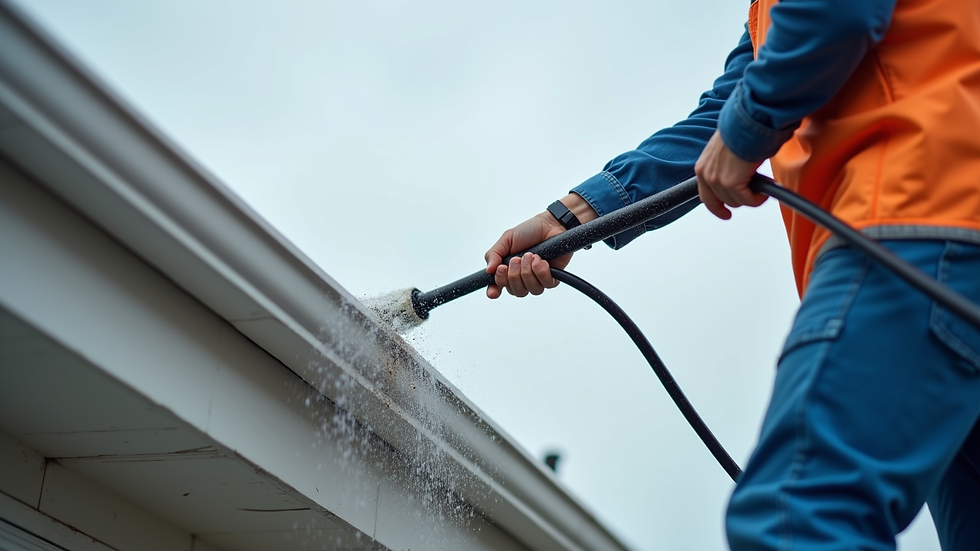 Close-up view of a soft washing technician applying cleaning solution to a roof