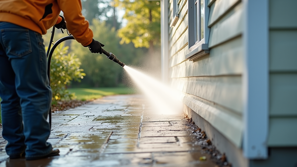 Eye-level view of a house exterior being cleaned with soft washing equipment