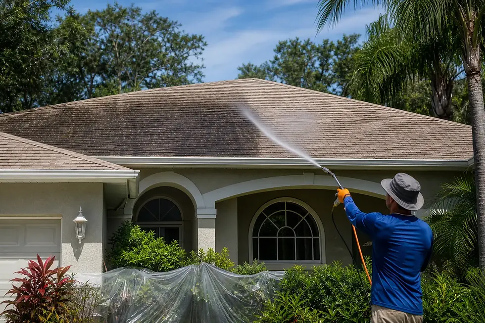 Roof soft washing in Central Florida on an asphalt shingle roof