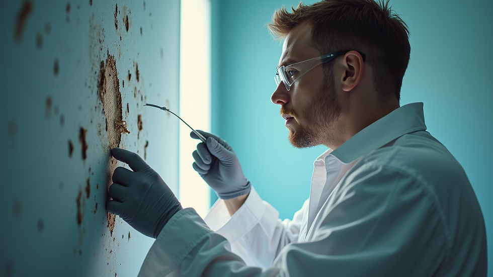 Eye-level view of a technician inspecting mold on a wall