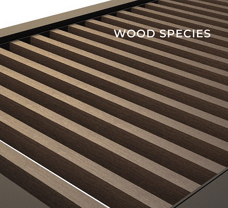 A rendered photo of pergola purlins with the word "Wood Species" written over it.