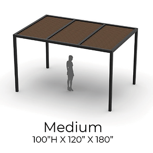 A render of a standard size small pergola with a human figure for scale. Written on the image is "Medium - 100"H x 120" x 180"