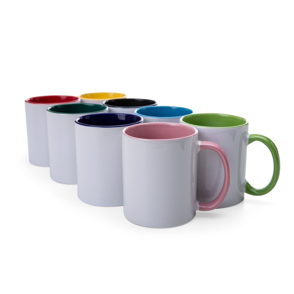 CANECA EM CERÂMICA BRANCA COM PARTE INTERNA E ALÇA COLORIDA
