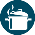 an icon linking you to the Food Safety webpage when clicked on. it is an image of a pot with steam coming out of it.