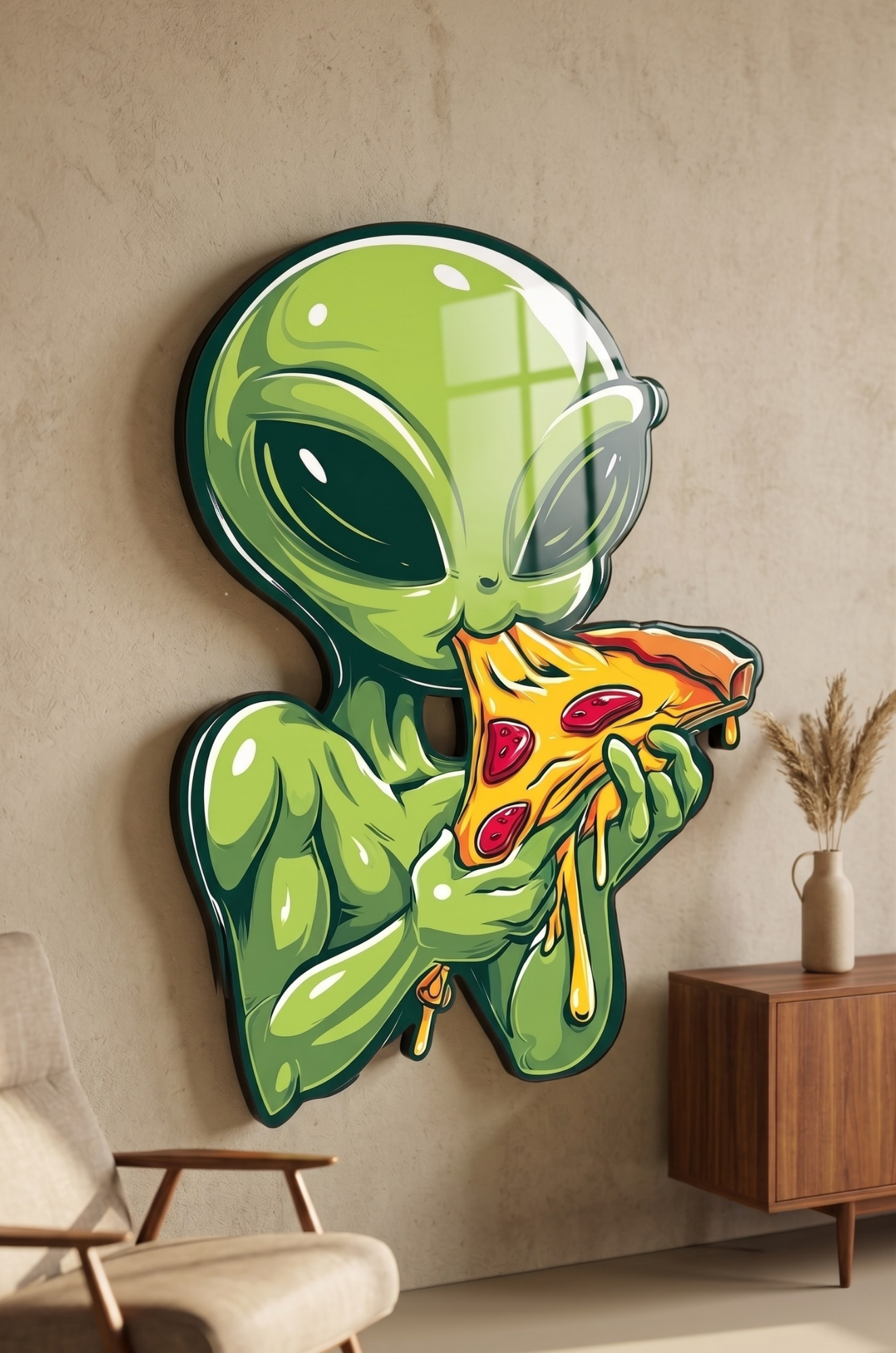 Pizza Yiyen Uzaylı Pop Art MDF Epoksi Tablo