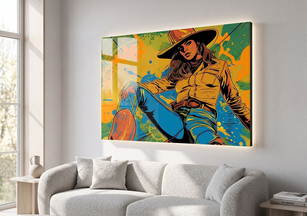 Küçük resim: Kovboy Şapkalı ve Dinamik Pozlu Pop Art MDF Epoksi Tablo