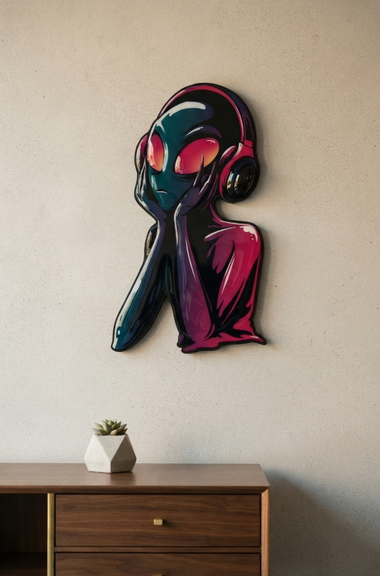Kulaklikli Uzayli Pop Art MDF Epoksi Tablo