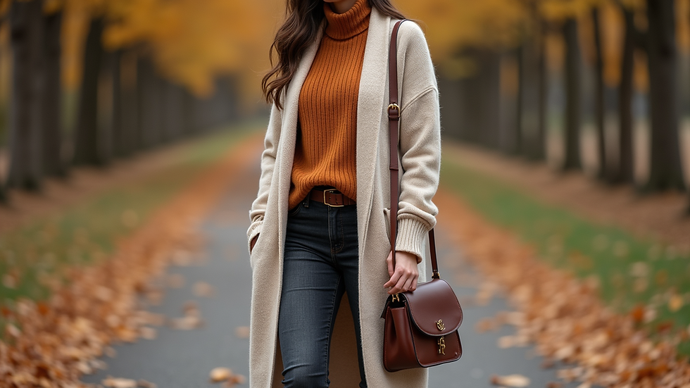 Eye-level view of a cozy fall outfit featuring a long cardigan and ankle boots
