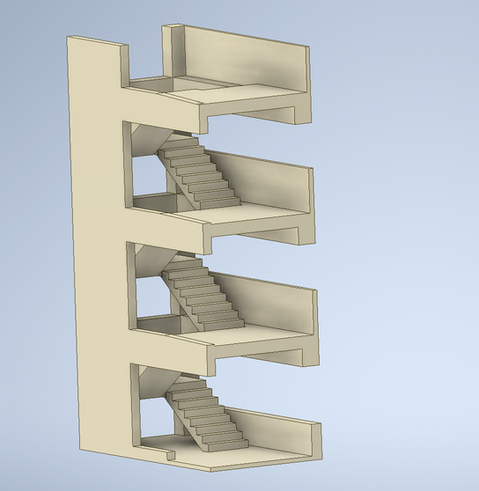 3D model of a stair tower inside of a parking garage.
