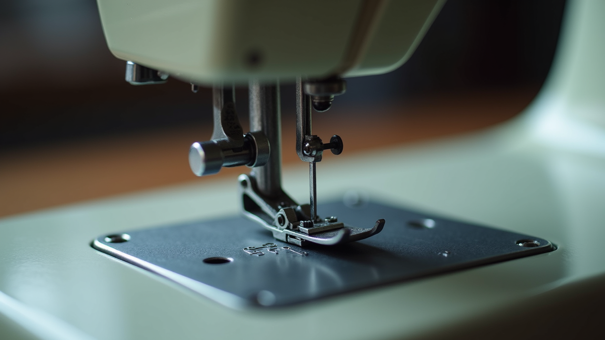 Close-up of a sewing machine needle and presser foot.