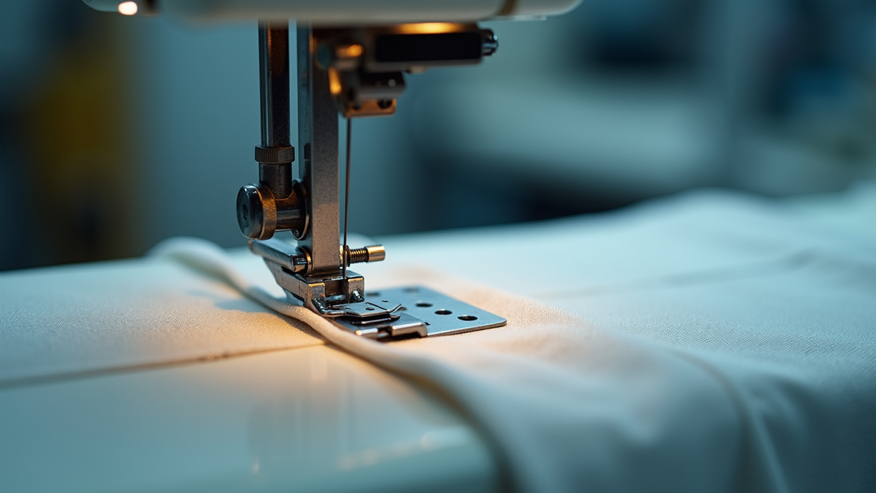 Close-up of a sewing machine needle stitching white fabric