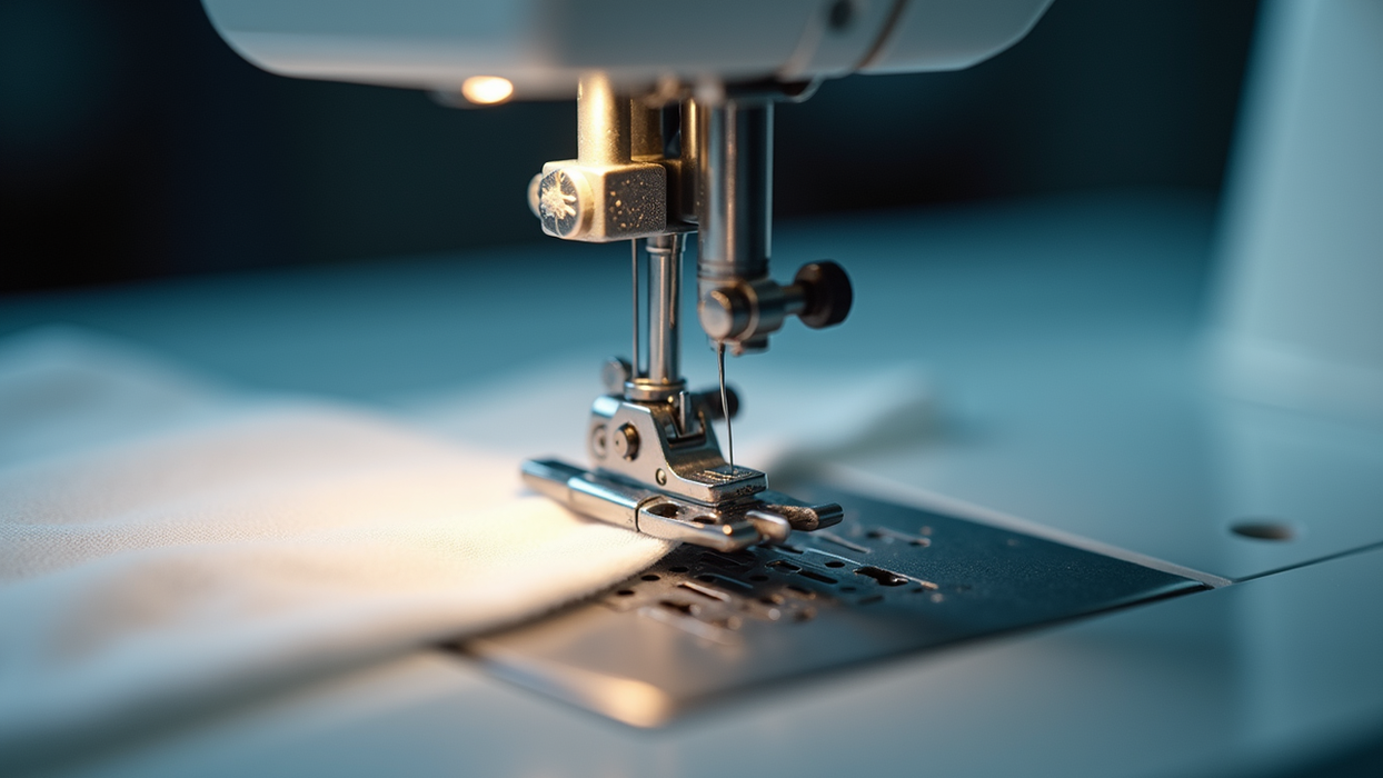 Close-up of a sewing machine needle stitching white fabric