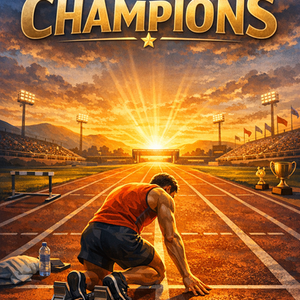 A determined athlete readies himself at sunrise on an empty track, embodying the spirit of hard work and dedication as he trains for greatness in "The Discipline of Champions."