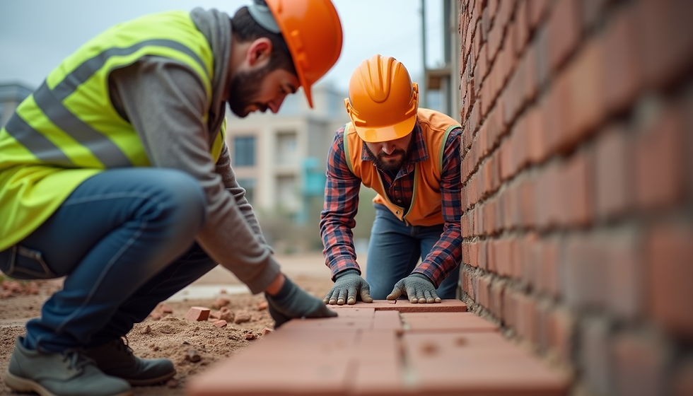 Apprentice learning bricklaying on a UK construction site, showing hands-on training and mentorship