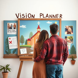 Eye-level view of a cozy living room with a couple’s vision board on the wall