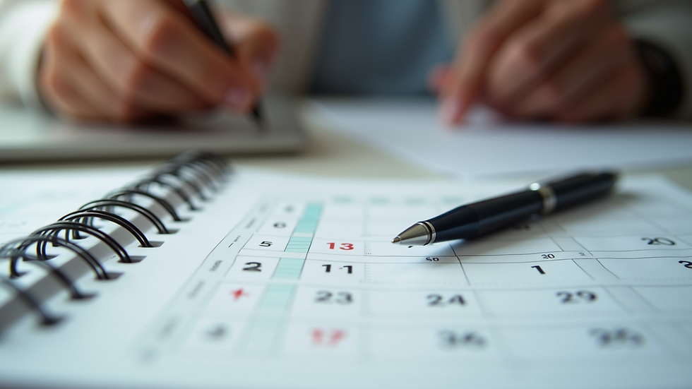 Close-up view of a calendar and pen on a desk
