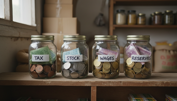 Eye-level view of labelled jars holding coins for tax, stock, wages, and reserves