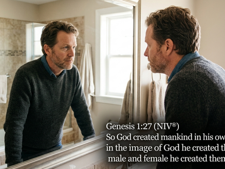 Man in sweater stares at his reflection in a bathroom mirror; Bible verse Genesis 1:27 overlays the lower right.