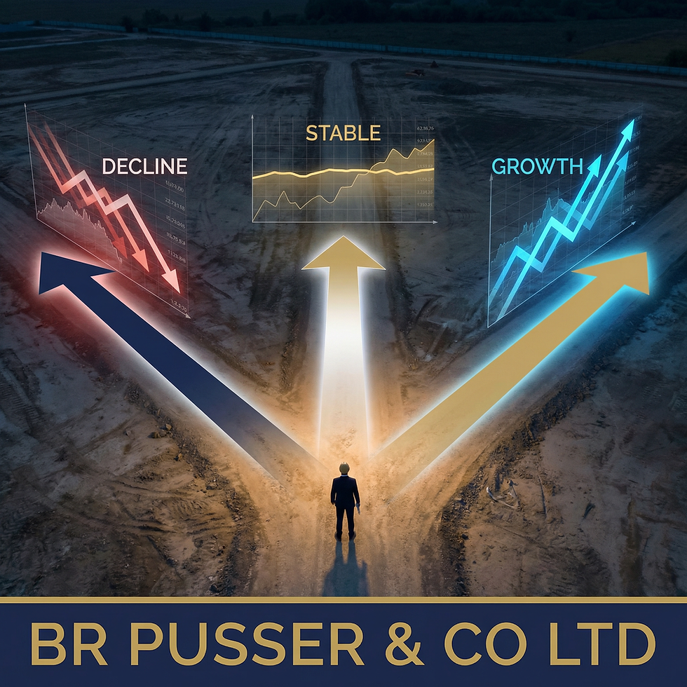Man stands at crossroads; arrows labeled Decline, Stable, Growth point in different directions. Background shows graphs and company name.