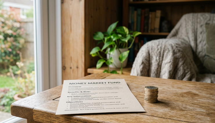 Eye-level view of pound coins beside a generic money market fund leaflet.