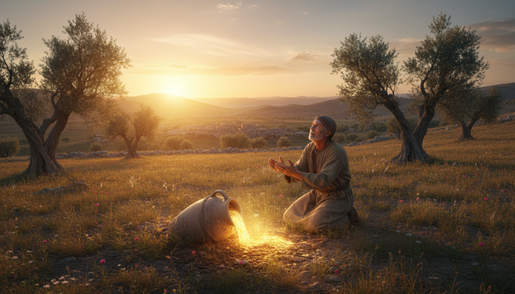 Wide-angle view of an ancient field at sunrise with a lone person kneeling near a half-buried clay jar