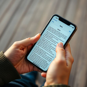 Hands hold a smartphone displaying text titled "Bible," set against a wooden floor background. Text underlined in blue, bright lighting.