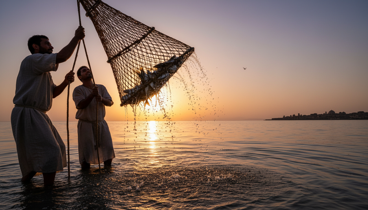 Low-angle view of a fishing net being lifted from shallow water in golden light.