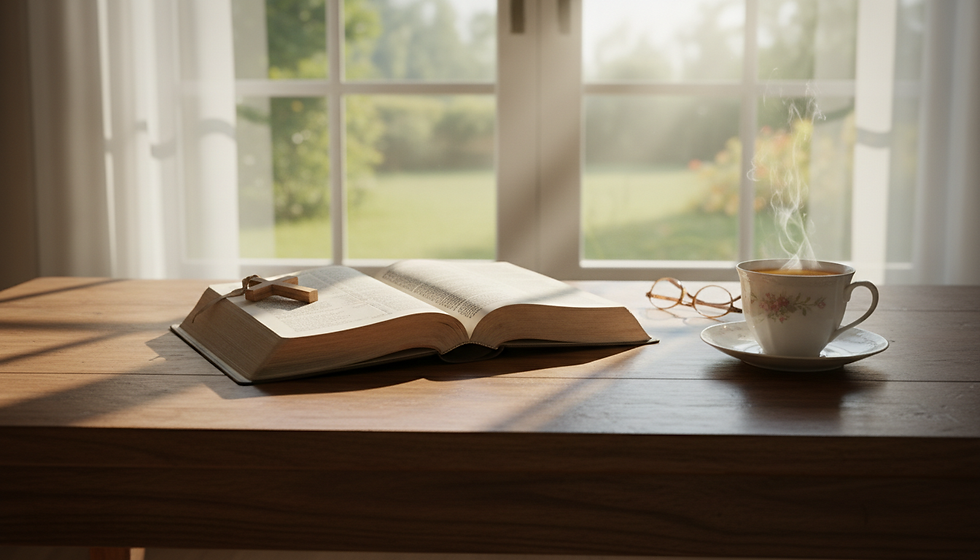 Wide-angle view of an open Bible beside a window in soft morning light.