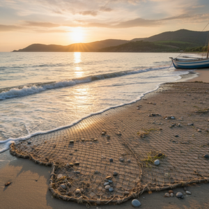 Wide-angle view of an old fishing net spread across a quiet shoreline at sunrise.