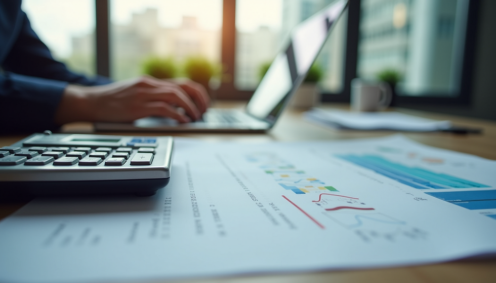 Eye-level view of a modern office desk with accounting documents and calculator