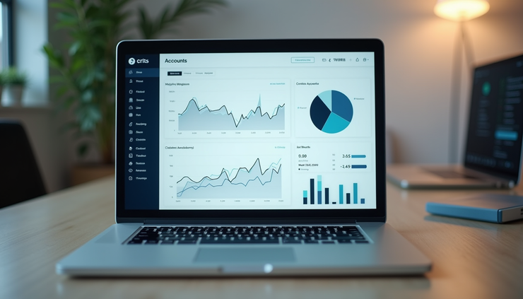 Laptop displaying graphs and charts on screen, labeled "Accounts." Desk setting, potted plant, and soft lamp in background.