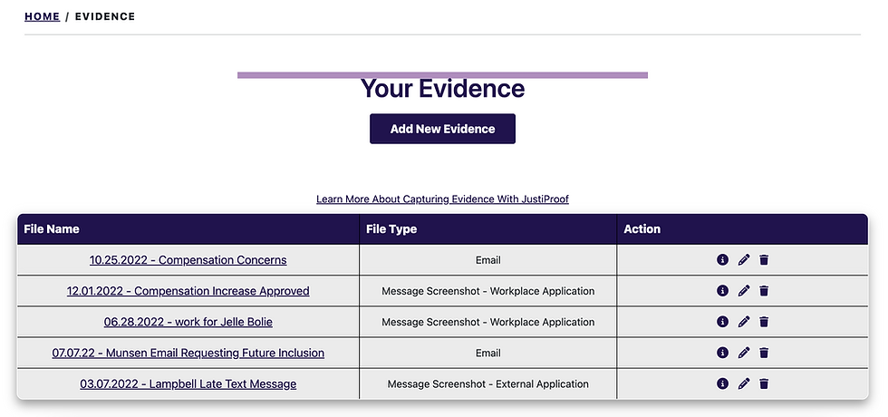JustiProof's Evidence View showing all items uploaded
