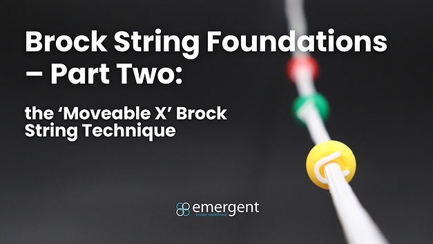Close-up view of a Brock string with colored beads (yellow, green, red) against a black background. Text overlay reads: ‘Brock String Foundations – Part Two: the ‘Moveable X’ Brock String Technique.’ Emergent logo at the bottom.