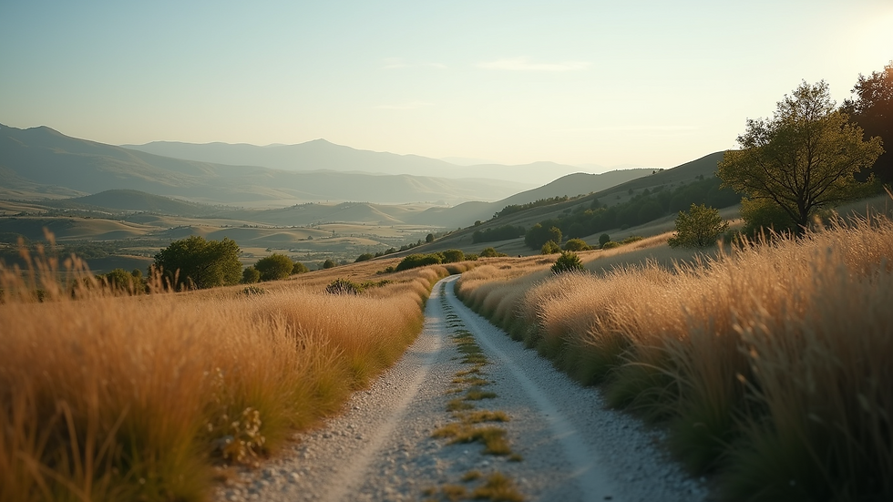 Eye-level view of a serene landscape with a winding path