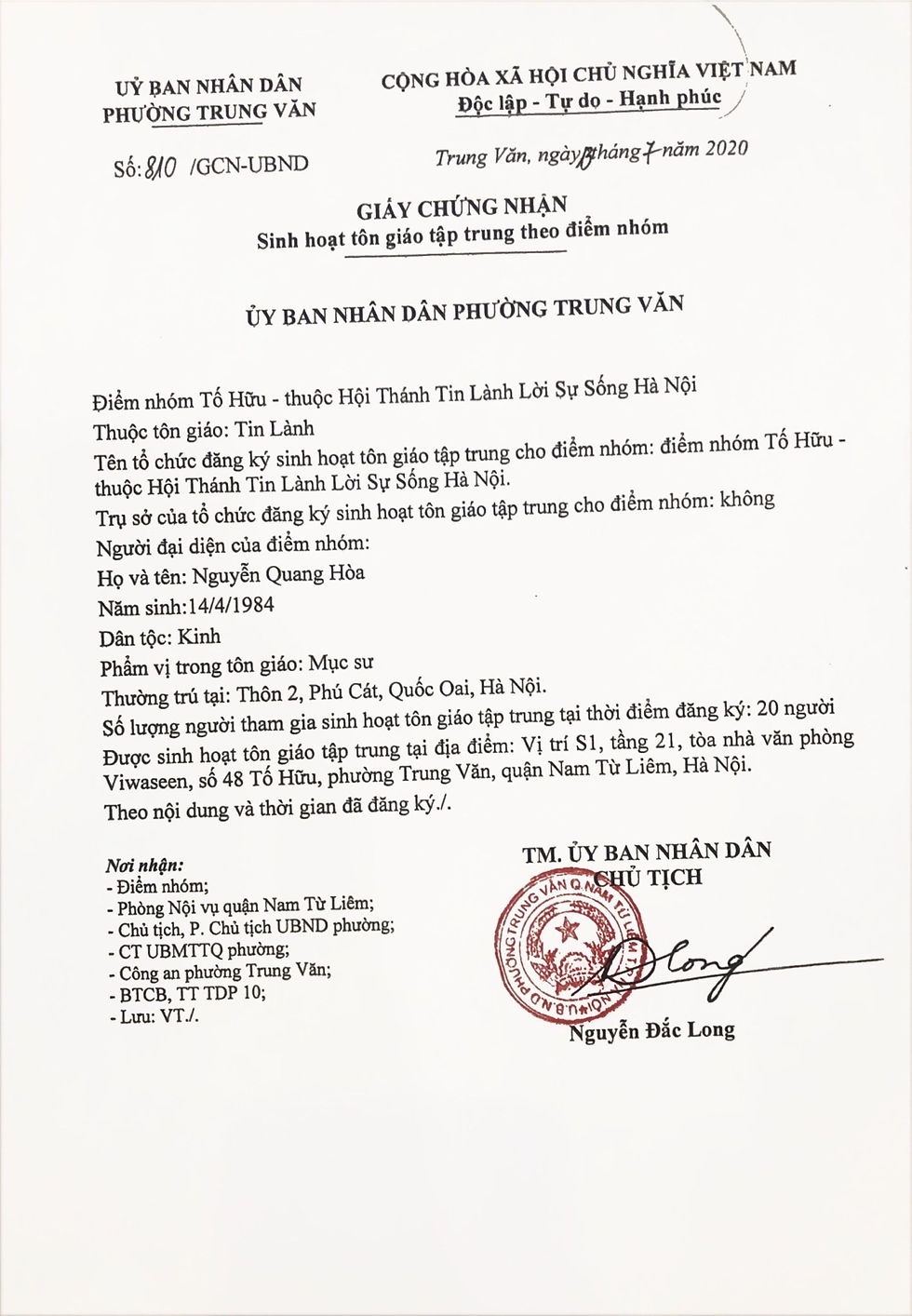 Giấy chứng nhận sinh hoạt tôn giáo tậo trung Hội thánh Lời Sự Sống Việt Nam điếm nhóm Tố Hữu Hà Nội