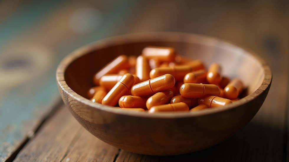 Close-up view of placenta capsules in a wooden bowl