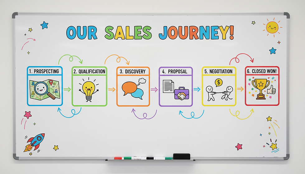 Eye-level view of a whiteboard with sales pipeline steps written in colourful markers