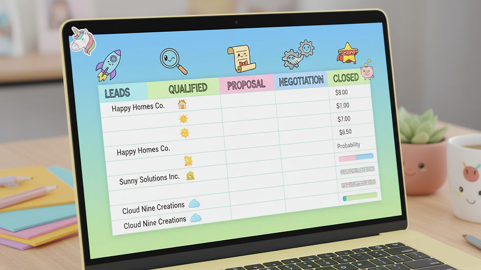 Close-up of a laptop screen showing a simple sales pipeline spreadsheet