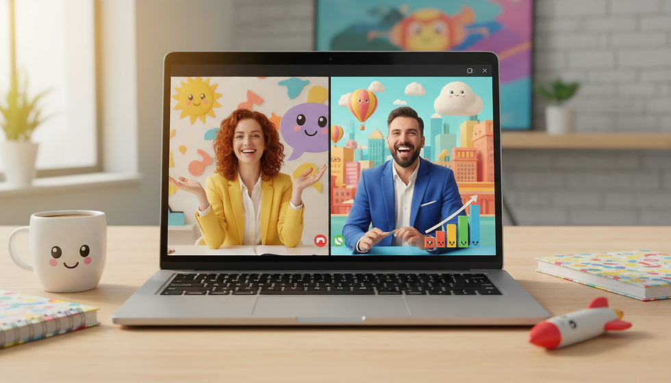 Eye-level view of a laptop showing a video call with a business client