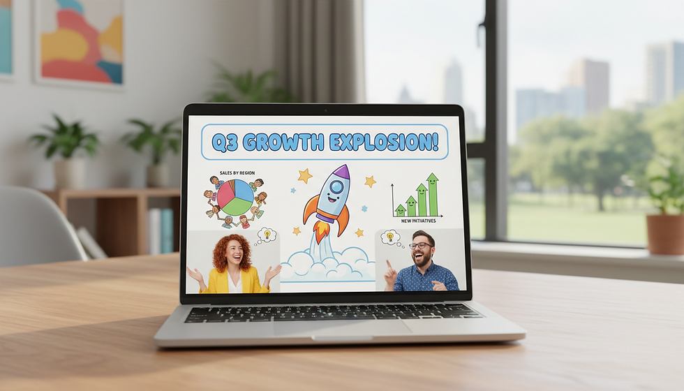 Eye-level view of a laptop showing a video call with a business presentation