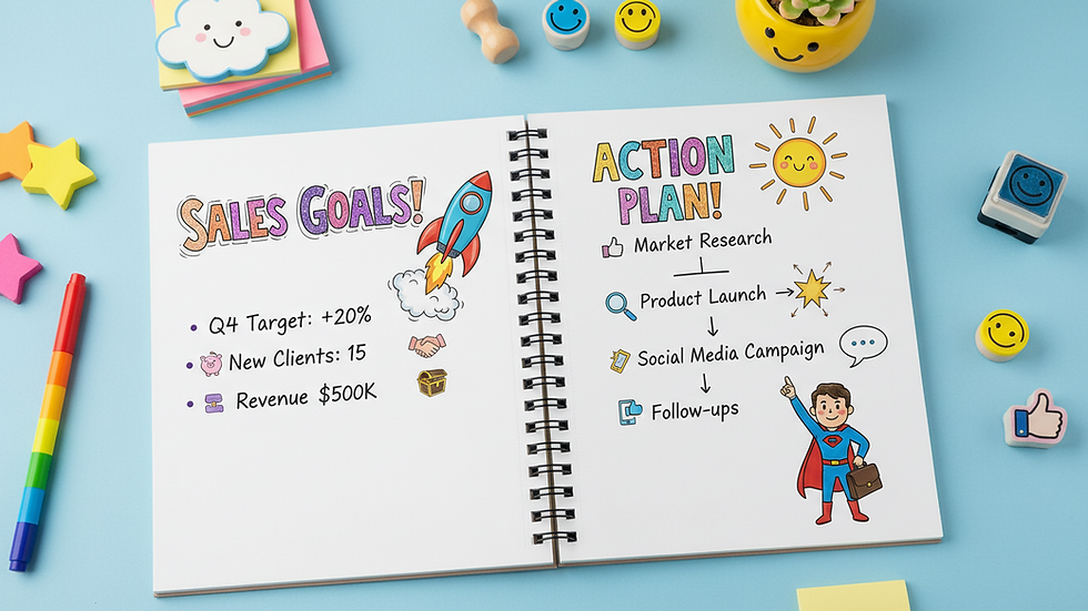 Close-up view of a notebook with sales goals and action plans written down