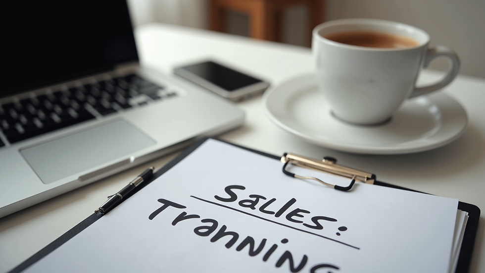 High angle view of a desk with a laptop, coffee, and sales training materials