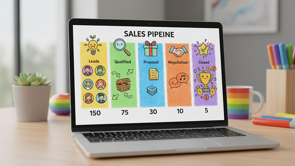 Eye-level view of a simple sales pipeline chart on a laptop screen
