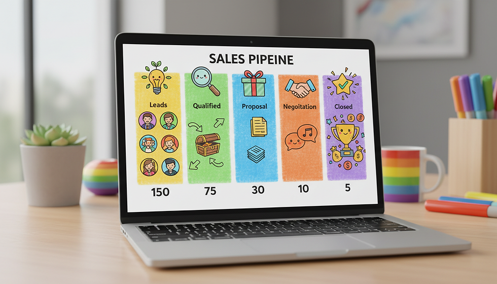 Eye-level view of a simple sales pipeline chart on a laptop screen