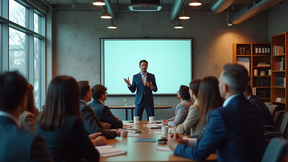 High angle view of a sales training session with a presenter and attentive participants
