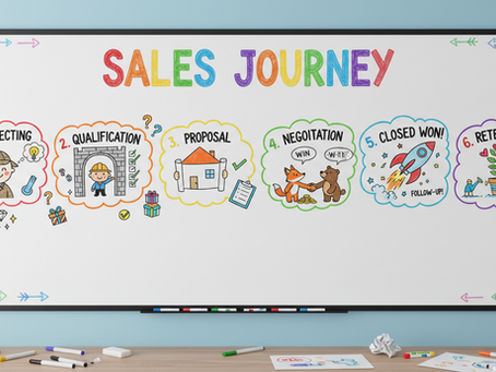 Eye-level view of a whiteboard with sales pipeline stages written in colourful markers