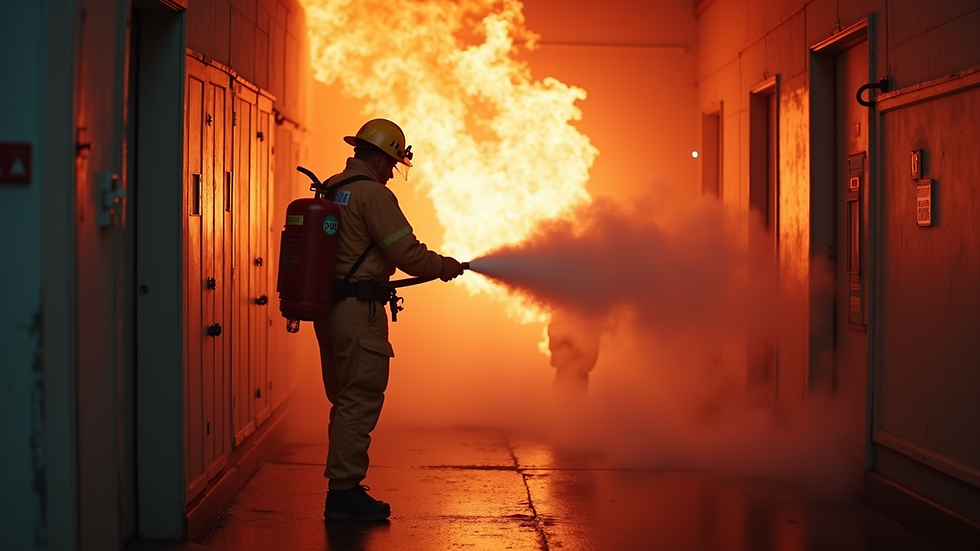 Eye-level view of emergency responders practicing fire extinguisher use