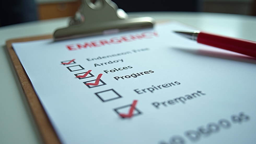 Close-up view of a printed emergency checklist on a clipboard with a pen
