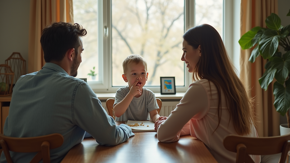 Eye-level view of two parents discussing co-parenting strategies